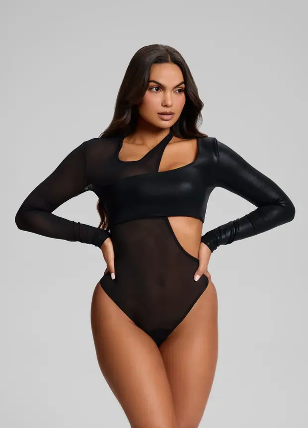 Asym Bodysuit in Black, front view