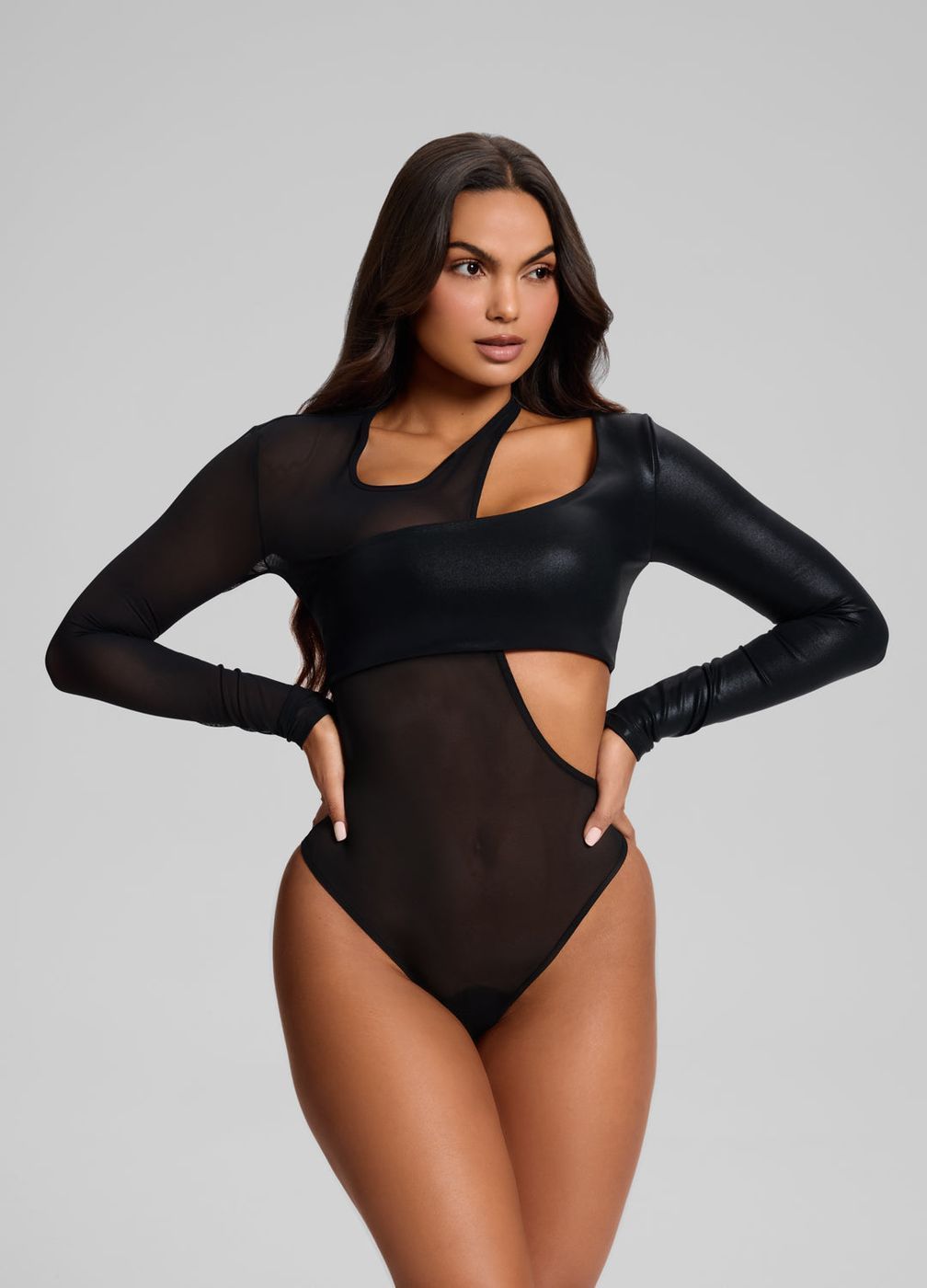 Asym Bodysuit in Black, front view
