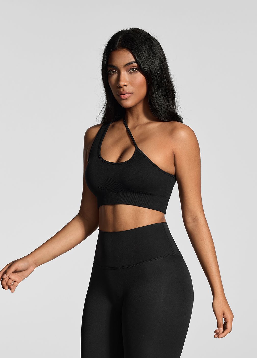 Asymmetrical Sports Bra in Black, detail
