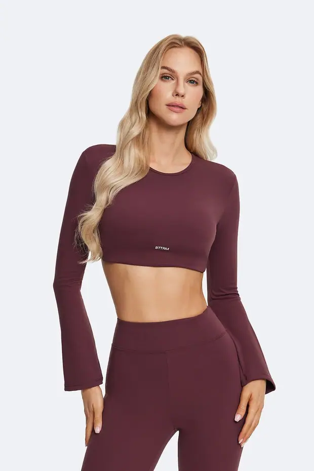 Backless Full-sleeve Crop Top in Burgundy, front view