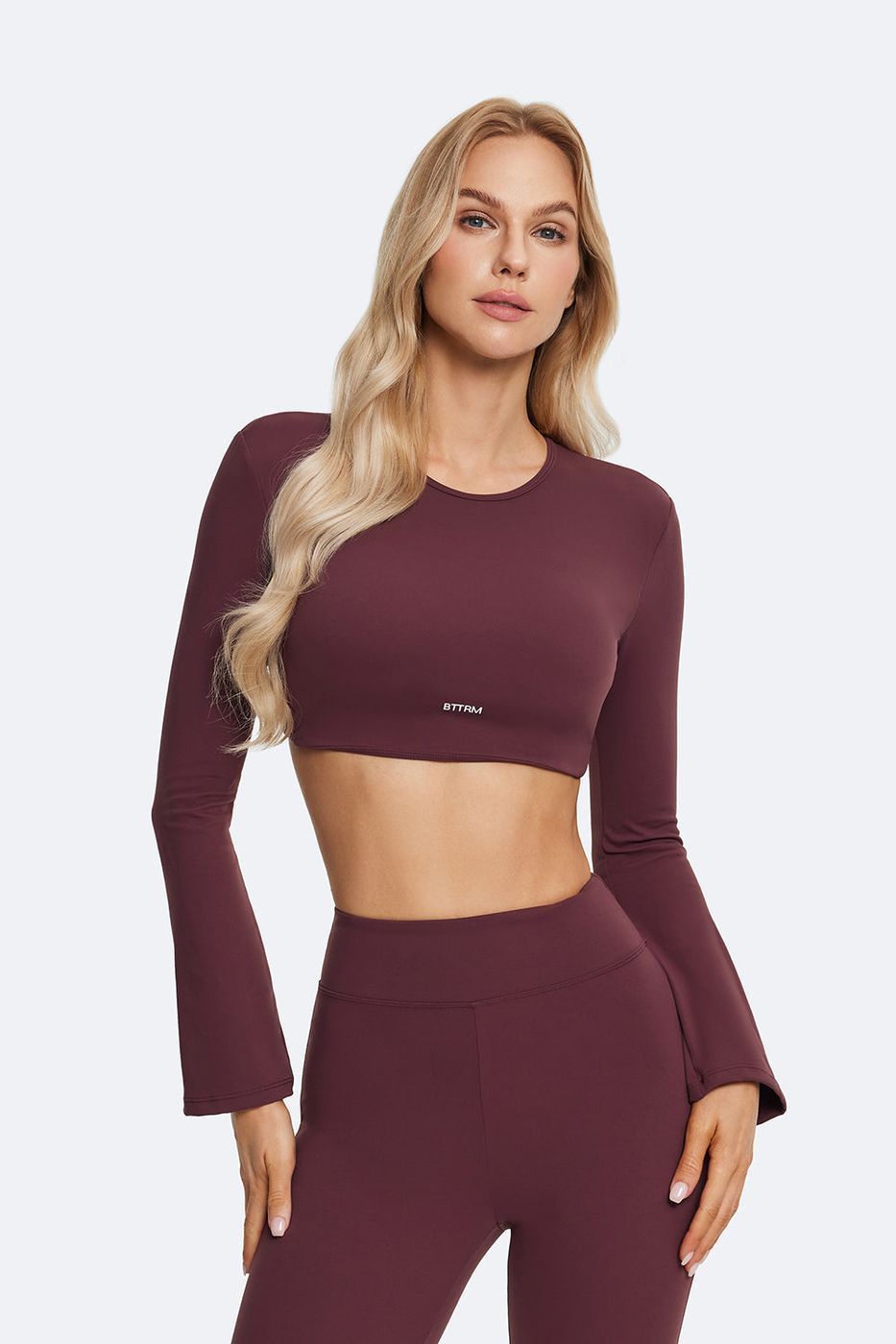 Backless Full-sleeve Crop Top in Burgundy, front view