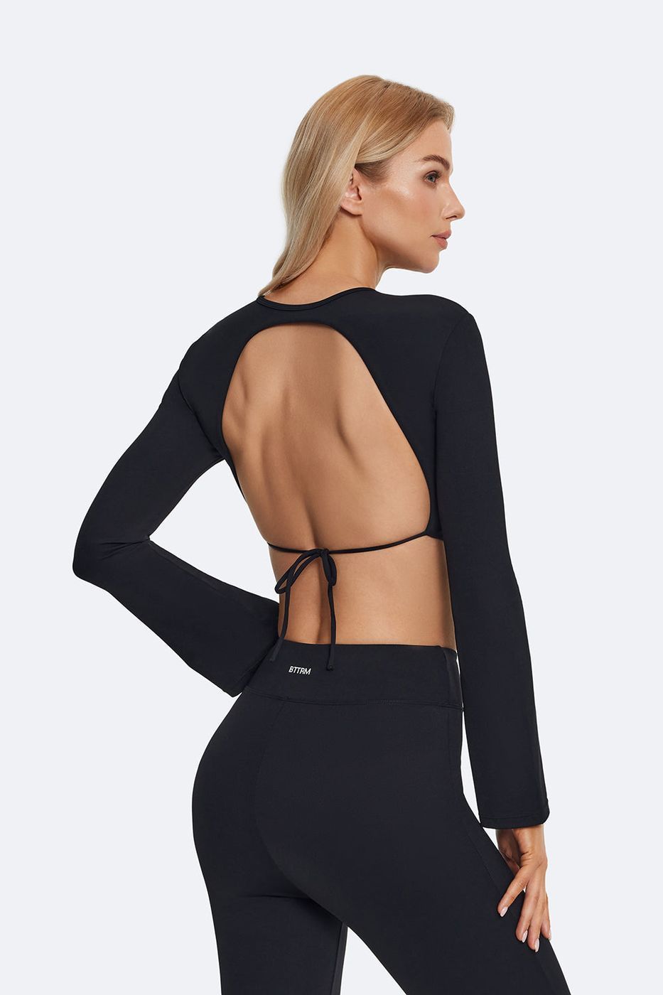 Backless Full-sleeve Crop Top in Black, second view