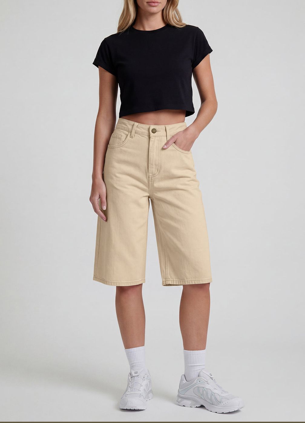 Baggy Bermuda Jorts in Ivory, detail