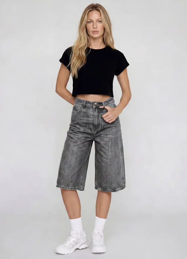 Baggy Bermuda Jorts in Grey, front view