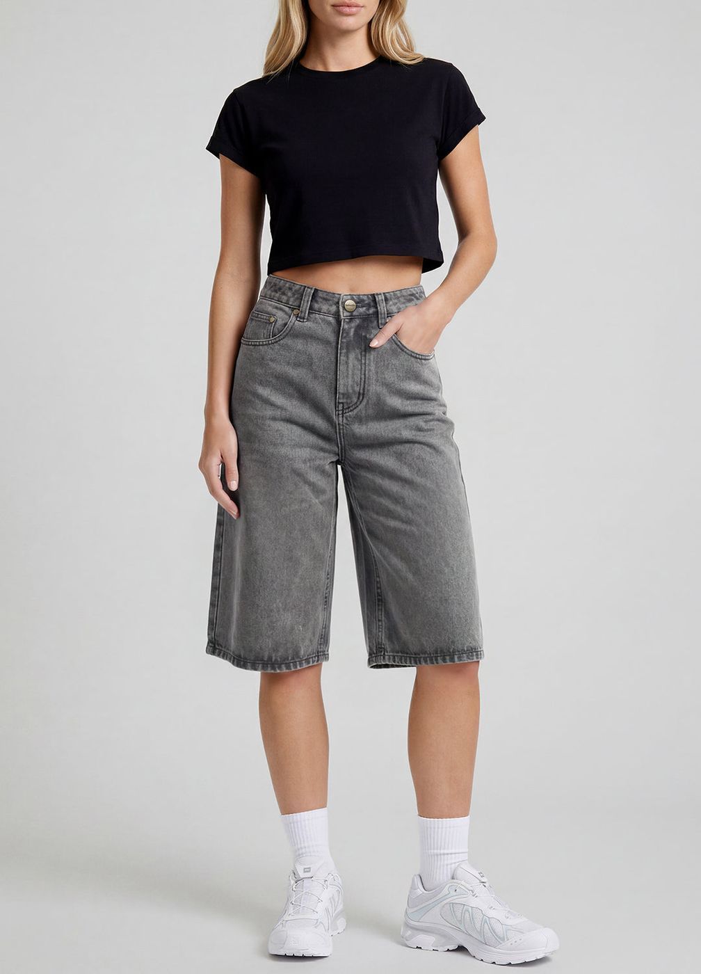 Baggy Bermuda Jorts in Grey, detail