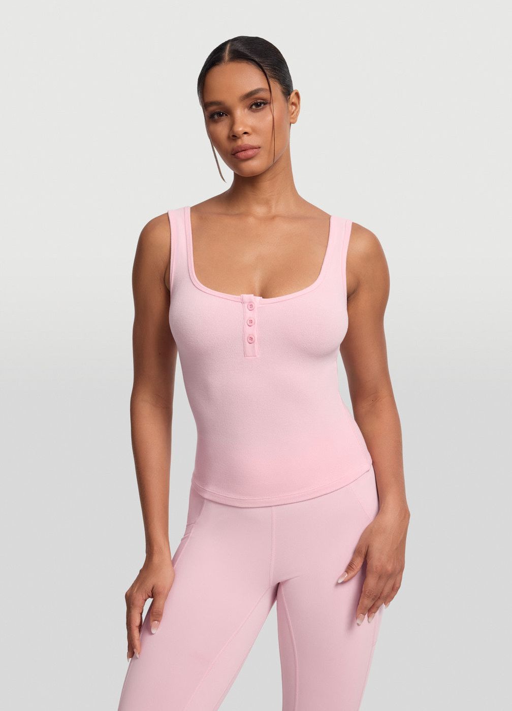 Button Front Tank Top in Ballet Pink, front view