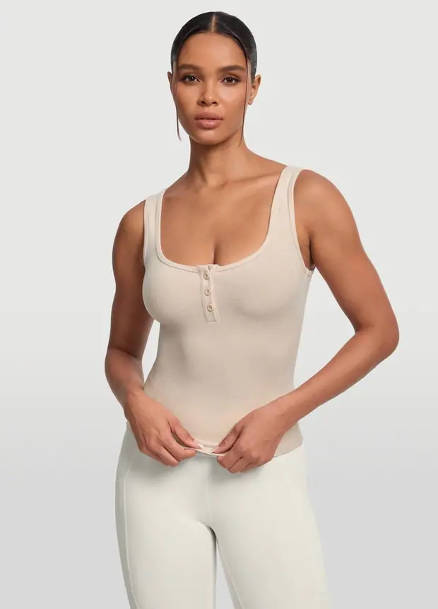 Button Front Tank Top in Oat Milk, front view