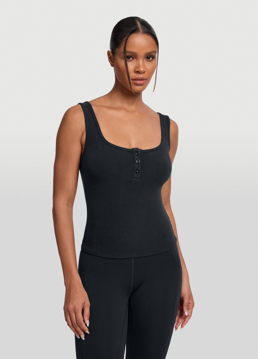 Button Front Tank Top in Black, front view