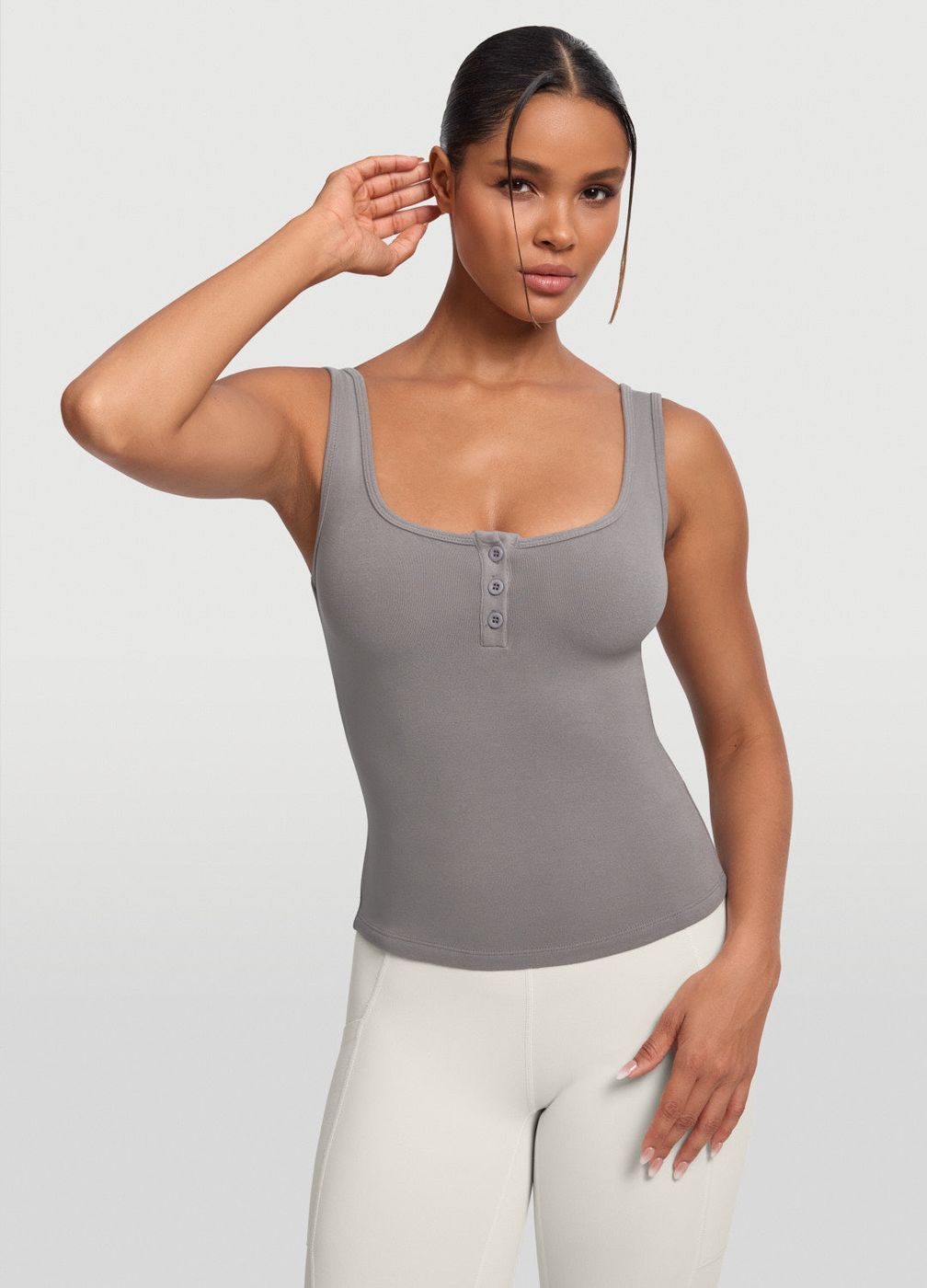 Button Front Tank Top in Cool Gray, front view