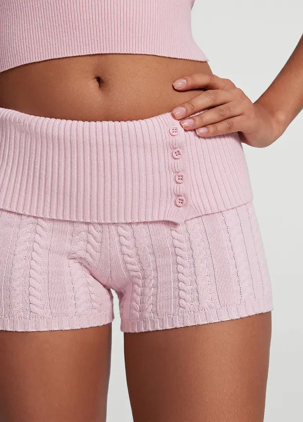 Cable Knit Micro Shorts in Ballet Pink, front view