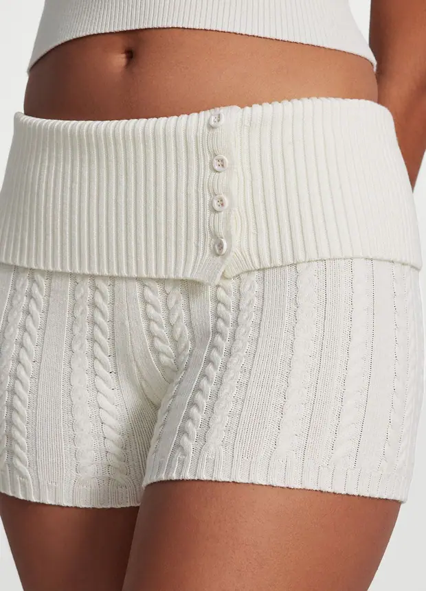 Cable Knit Micro Shorts in White, front view