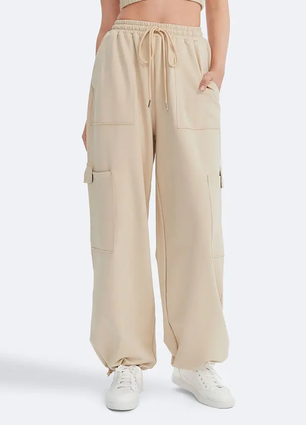 Casual Drawstring Waist Sweatpants in Oat Milk Beige, front view