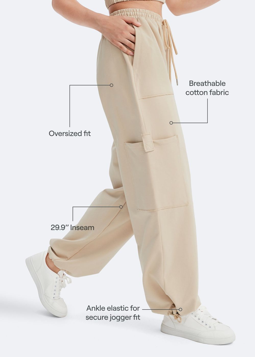 Casual Drawstring Waist Sweatpants in Oat Milk Beige, second view