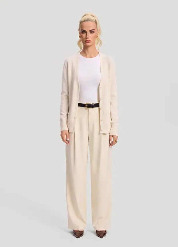 Classic Button Wool Cardigan in Ivory, front view