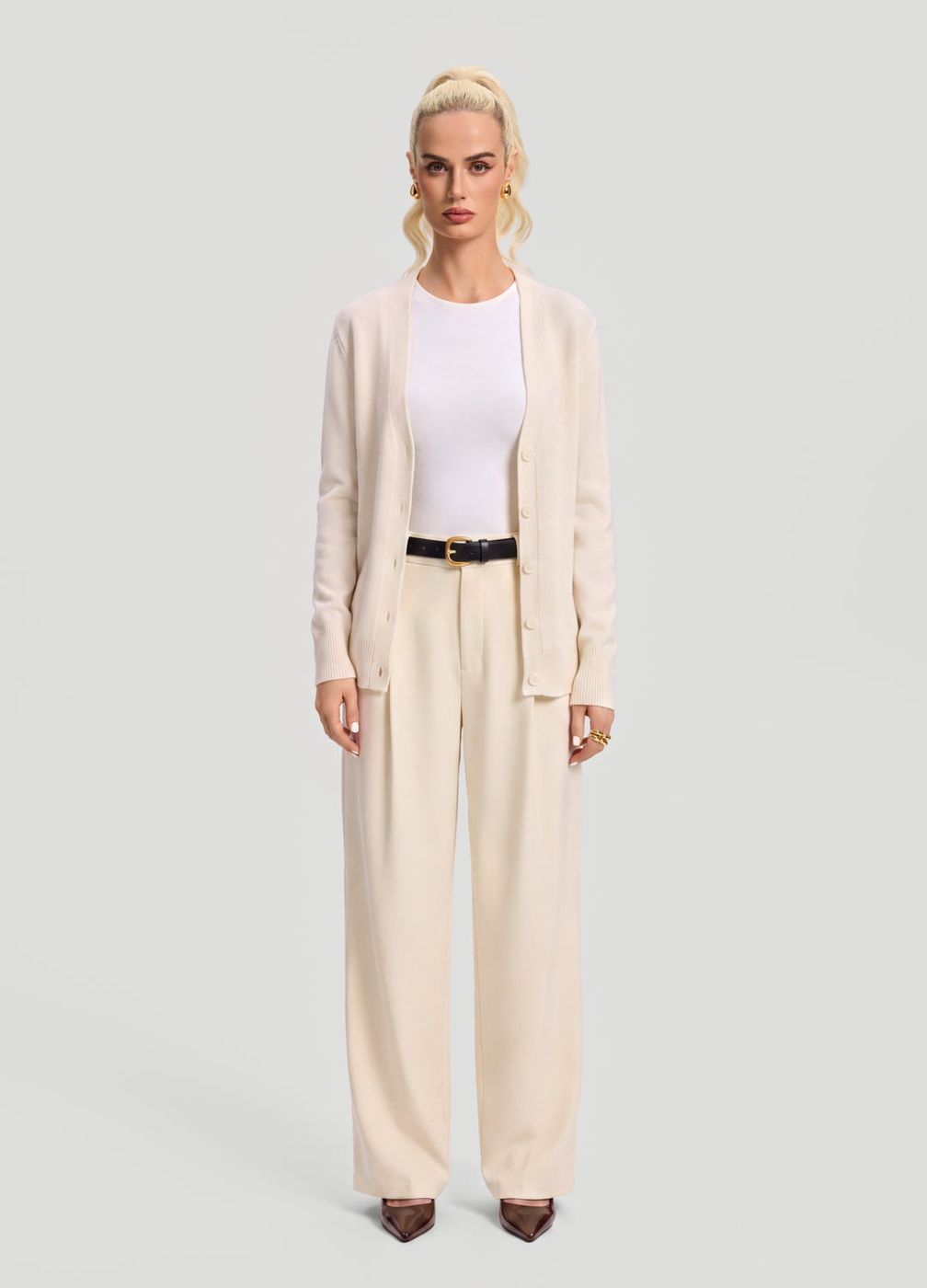 Classic Button Wool Cardigan in Ivory, front view