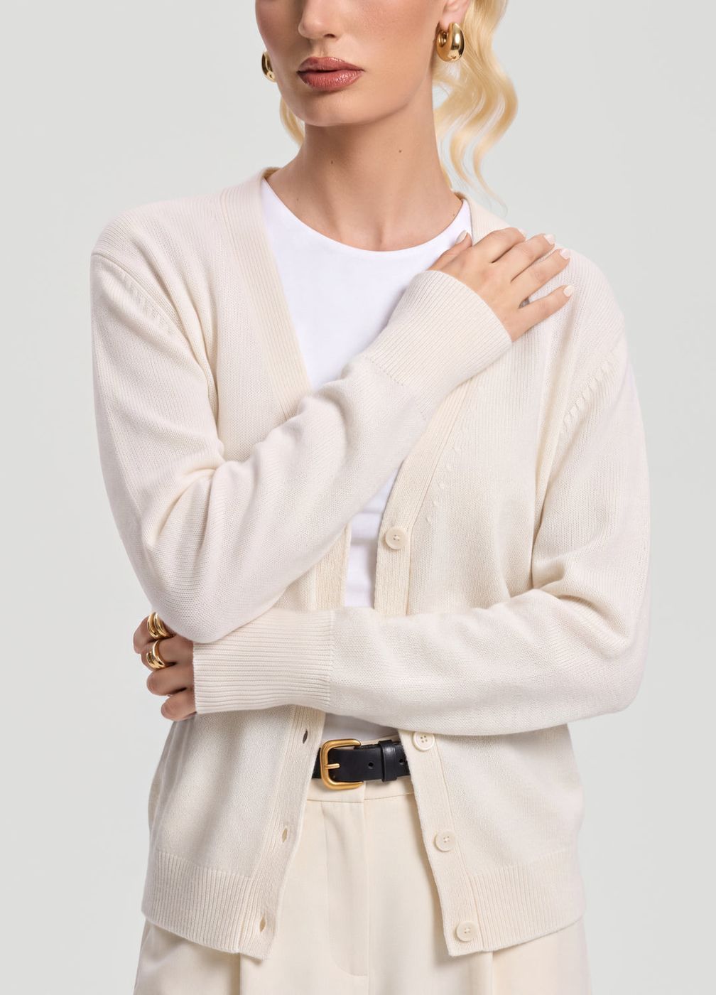 Classic Button Wool Cardigan in Ivory, second view