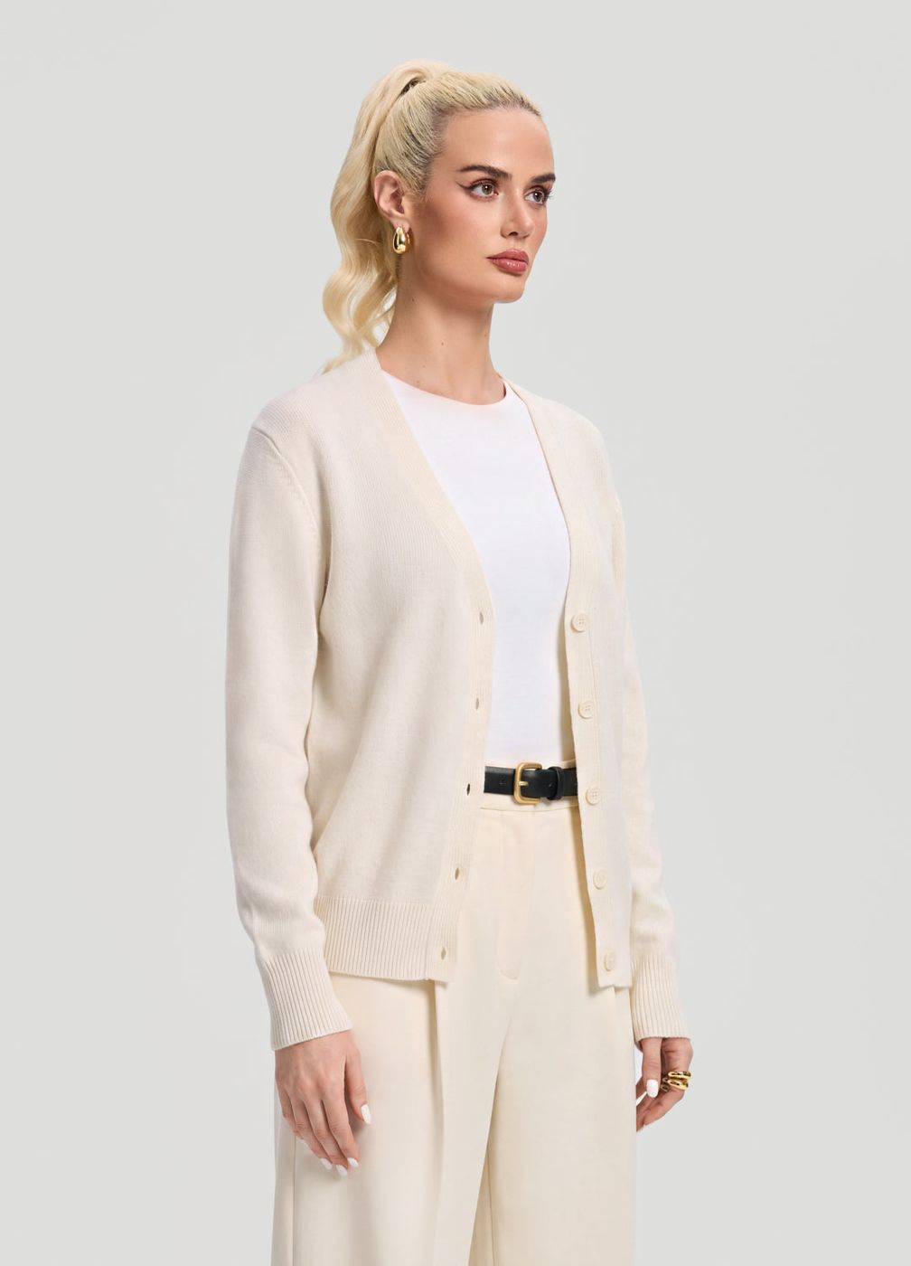 Classic Button Wool Cardigan in Ivory, detail