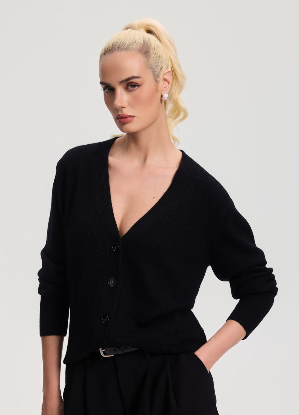 Classic Button Wool Cardigan in Black, front view