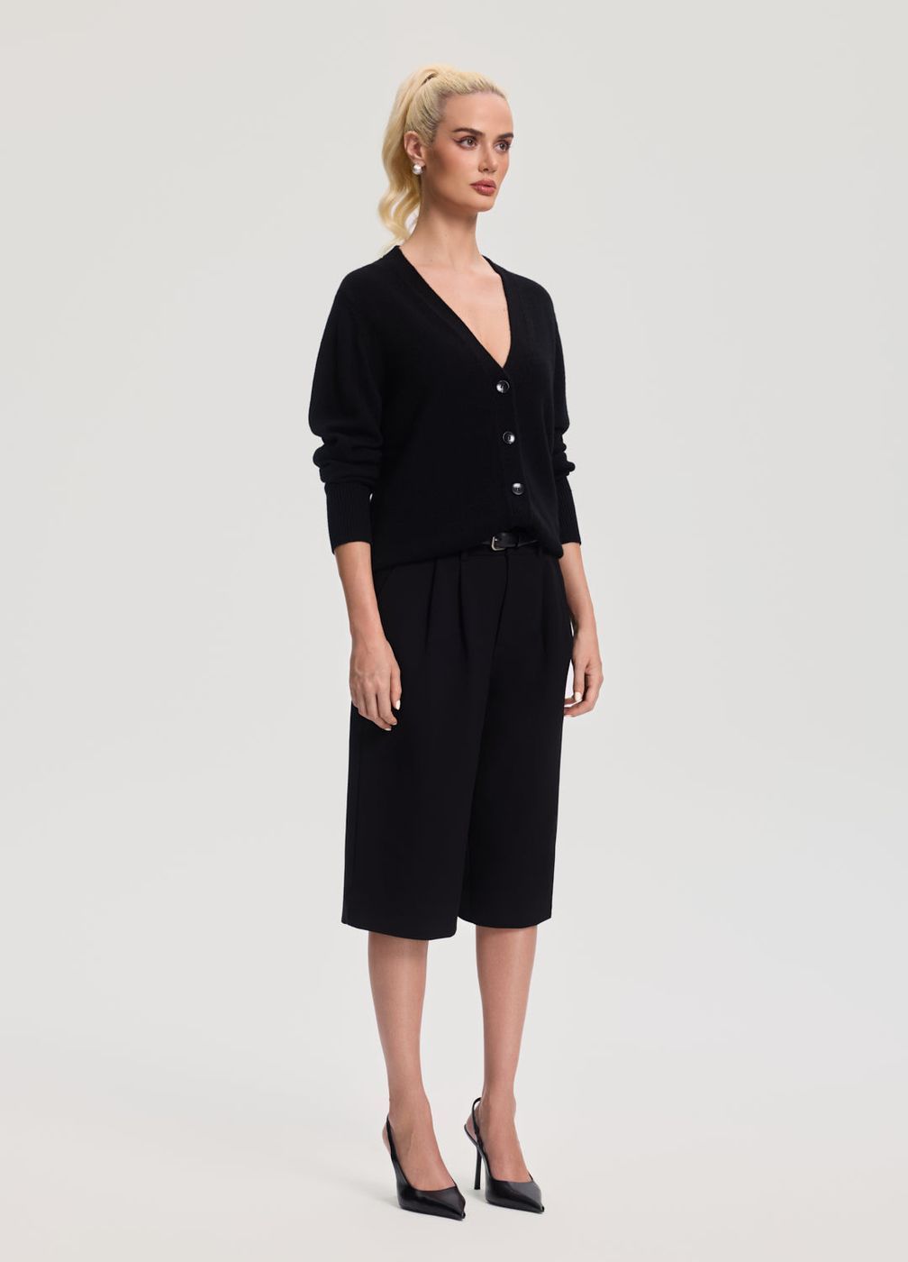 Classic Button Wool Cardigan in Black, detail