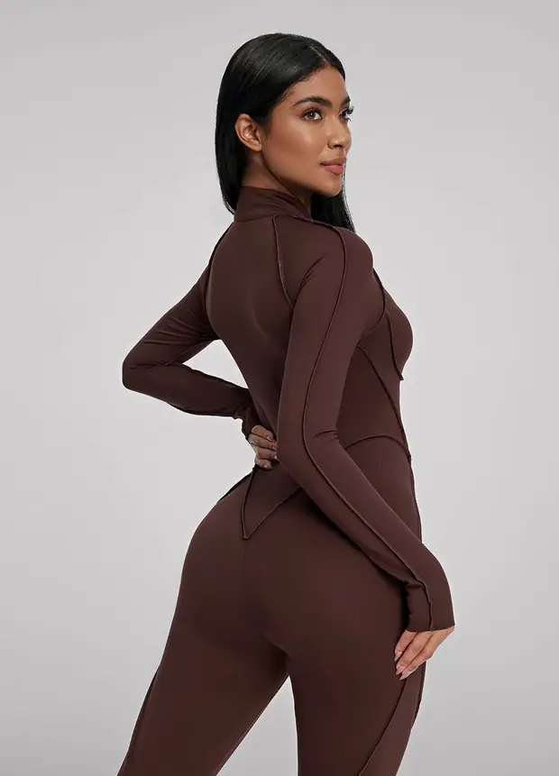 Closed-back Catsuit in Chocolate, front view