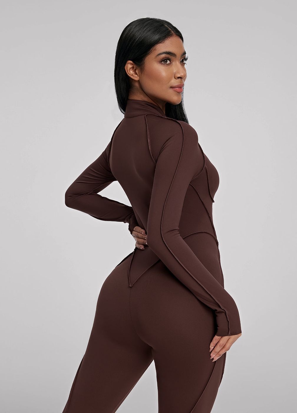 Closed-back Catsuit in Chocolate, front view