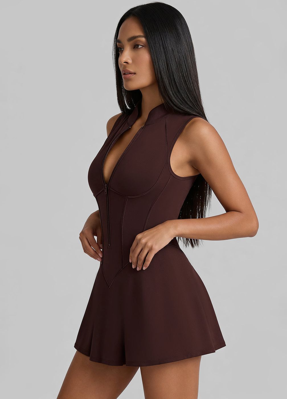 Closed-back Contour Mini Dress in Chocolate, detail