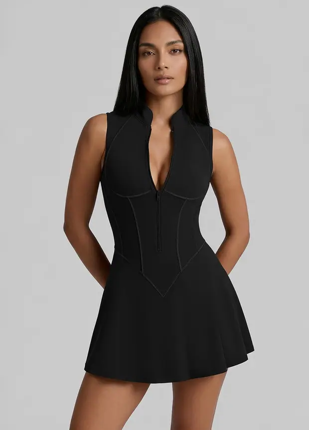 Closed-back Contour Mini Dress in Black, front view