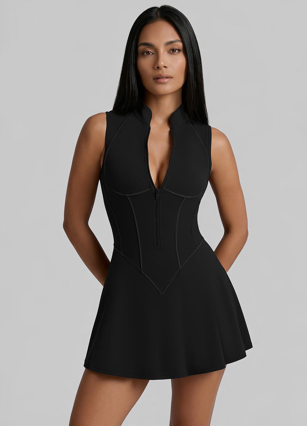Closed-back Contour Mini Dress in Black, front view