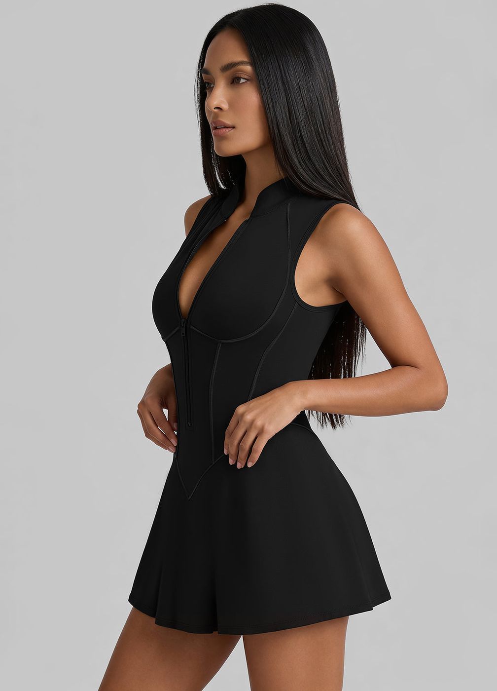 Closed-back Contour Mini Dress in Black, detail