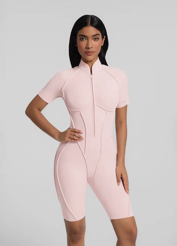 Closed-back Shorts Catsuit in Ballet Pink, front view