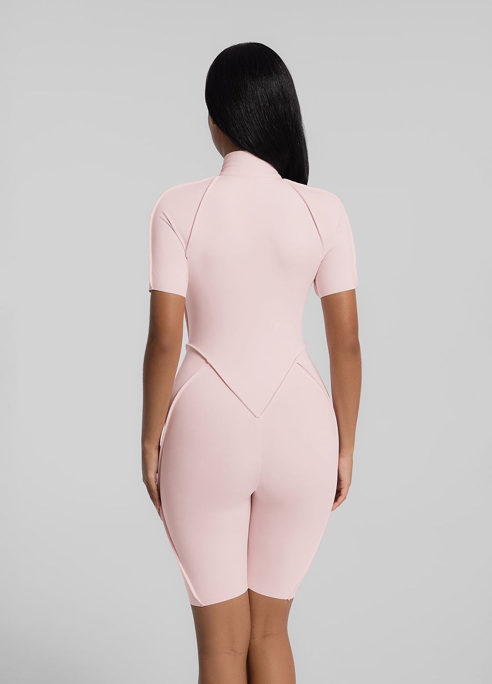 Closed-back Shorts Catsuit in Ballet Pink, detail