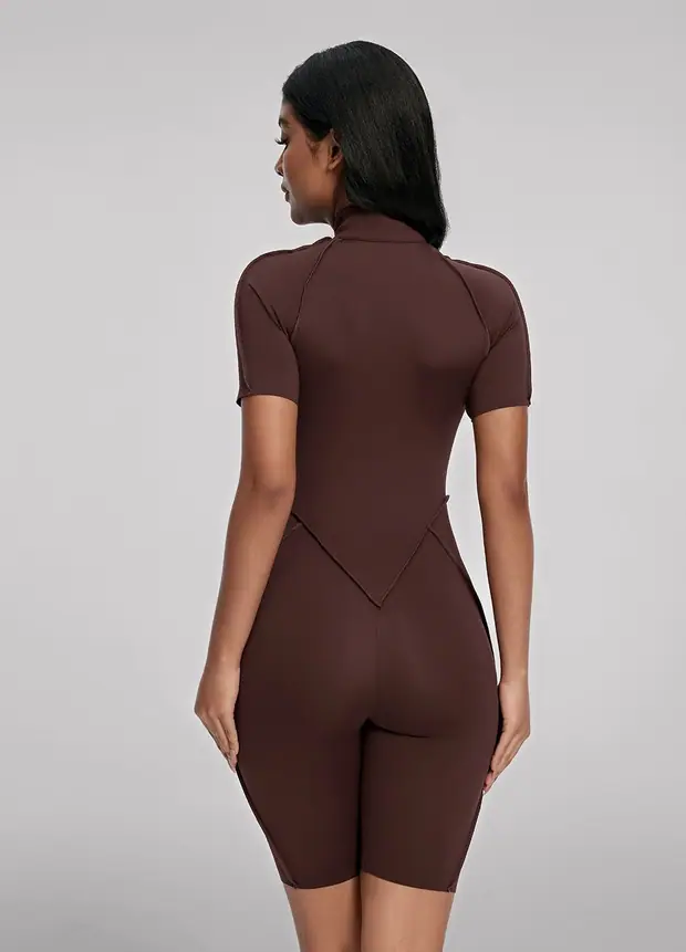 Closed-back Shorts Catsuit in Chocolate, front view