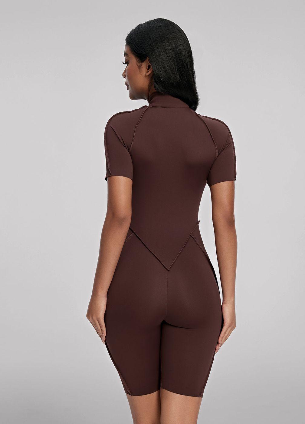 Closed-back Shorts Catsuit in Chocolate, front view