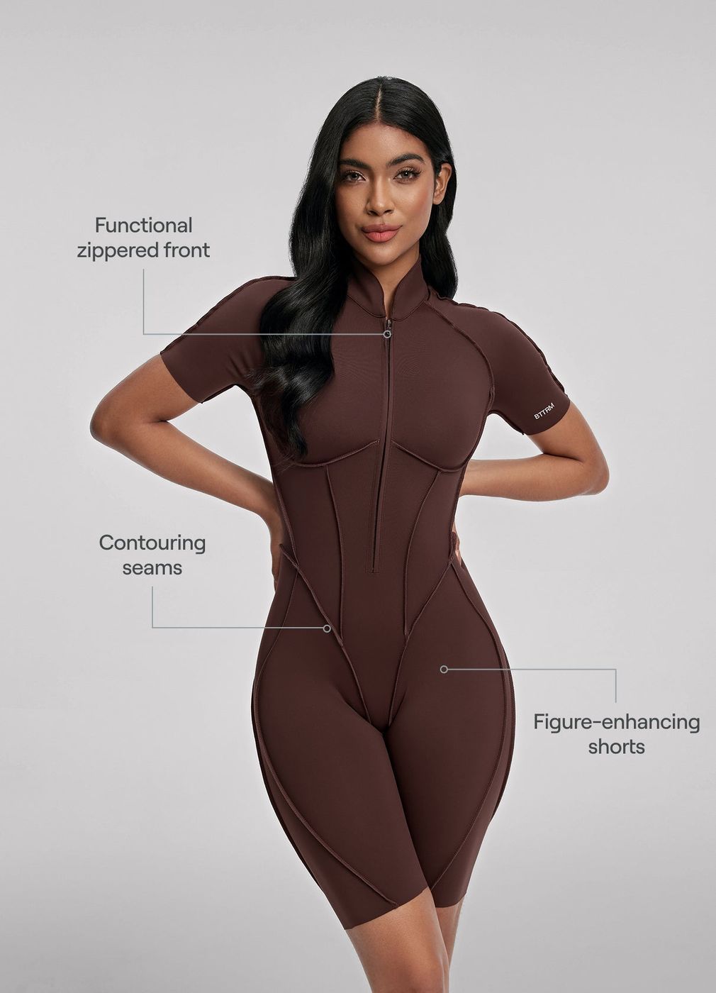 Closed-back Shorts Catsuit in Chocolate, second view