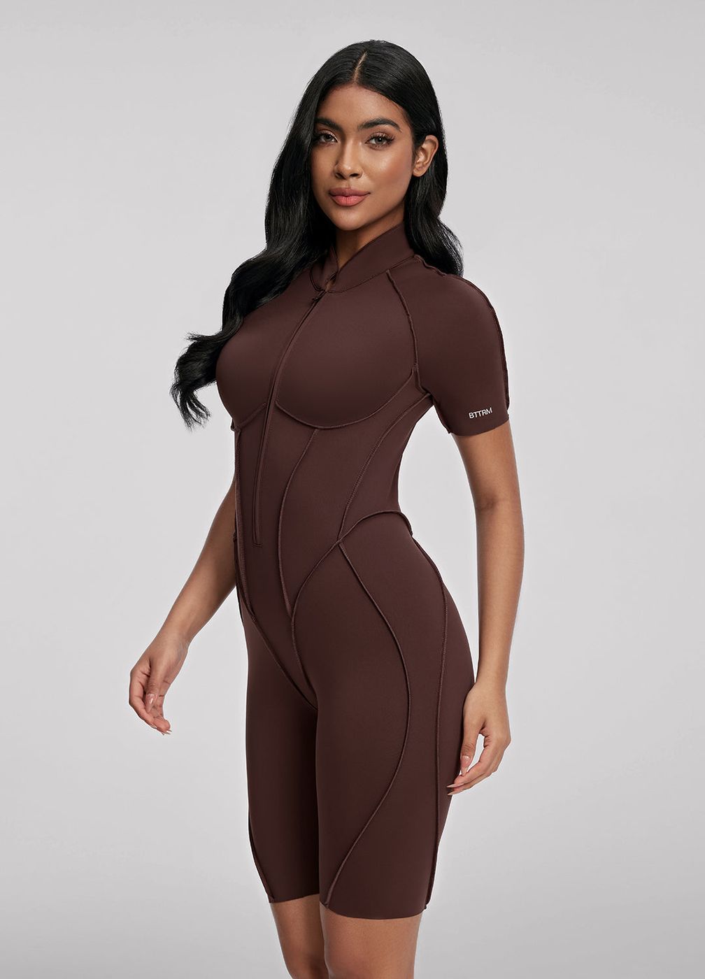 Closed-back Shorts Catsuit in Chocolate, detail