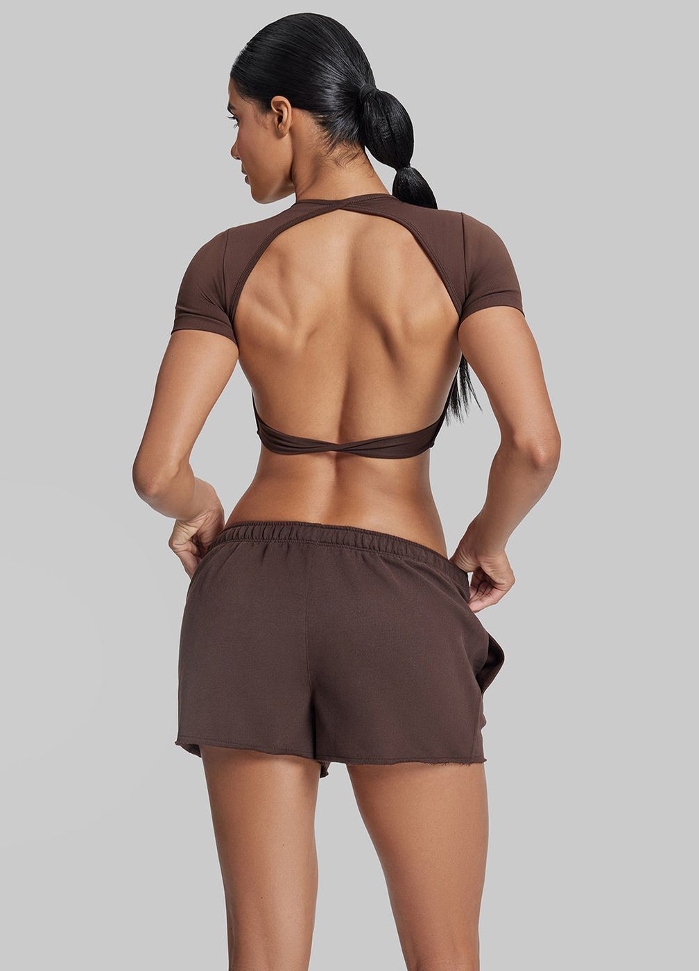 Comfy Mid-thigh Waist French Terry Jersey in Chocolate, detail