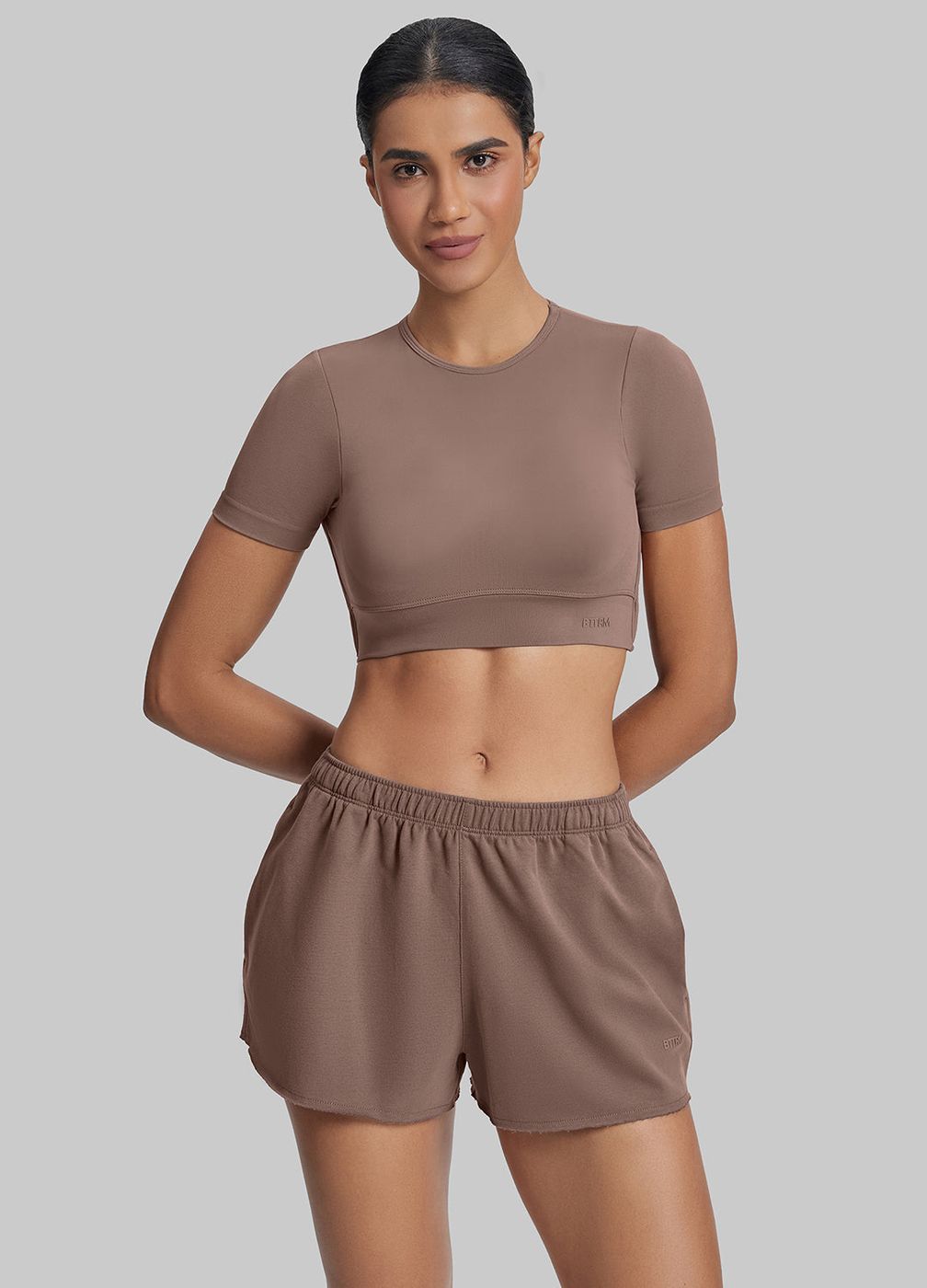 Comfy Mid-thigh Waist French Terry Jersey in Dusty Taupe, front view