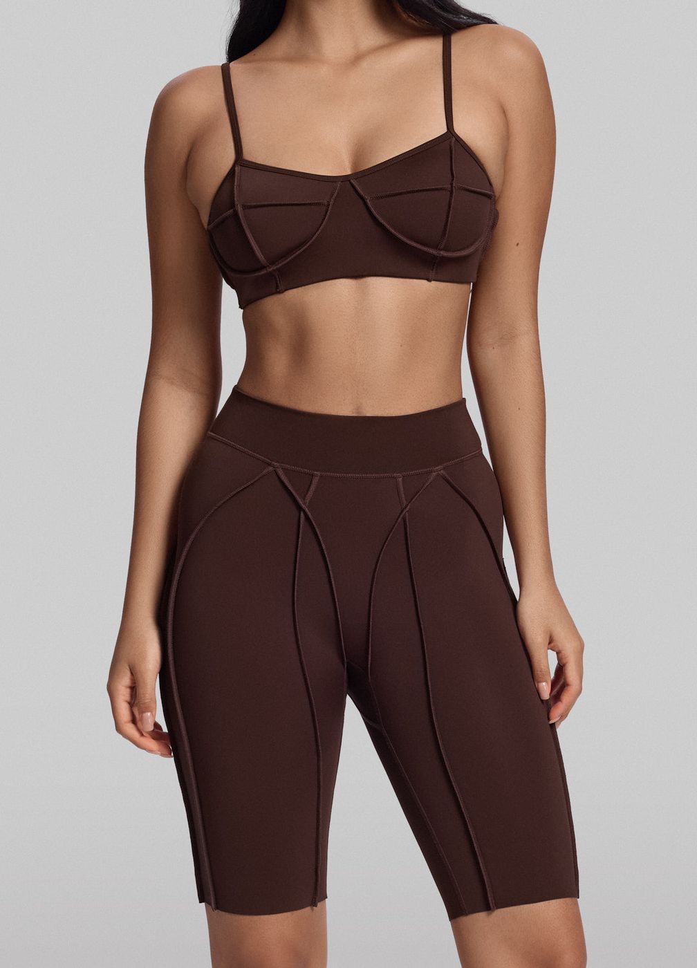 Contour Stitch Bike Shorts in Chocolate, front view
