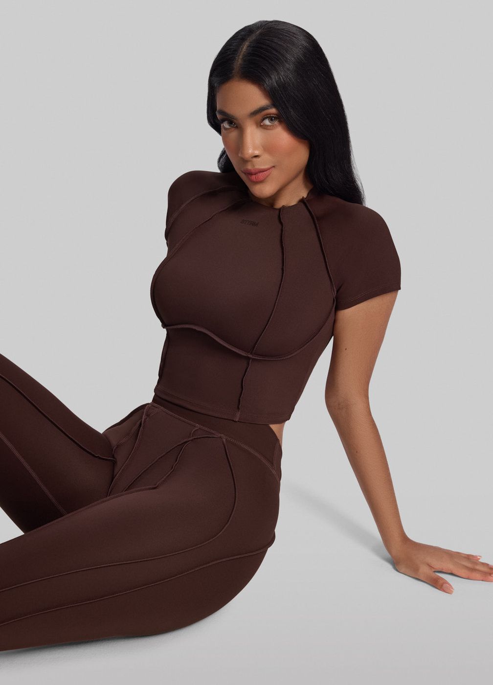 Contour Stitch Crop Top in Chocolate, detail