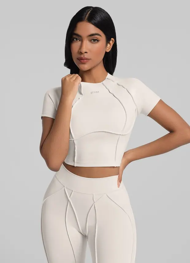 Contour Stitch Crop Top in Ivory, front view