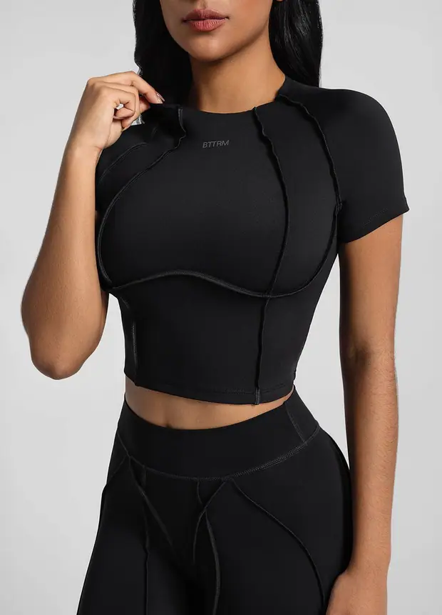 Contour Stitch Crop Top in Black, front view