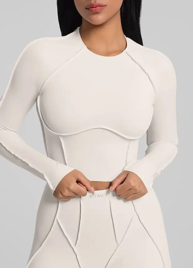 Contour Stitch Long Sleeve Crop in Ivory, front view