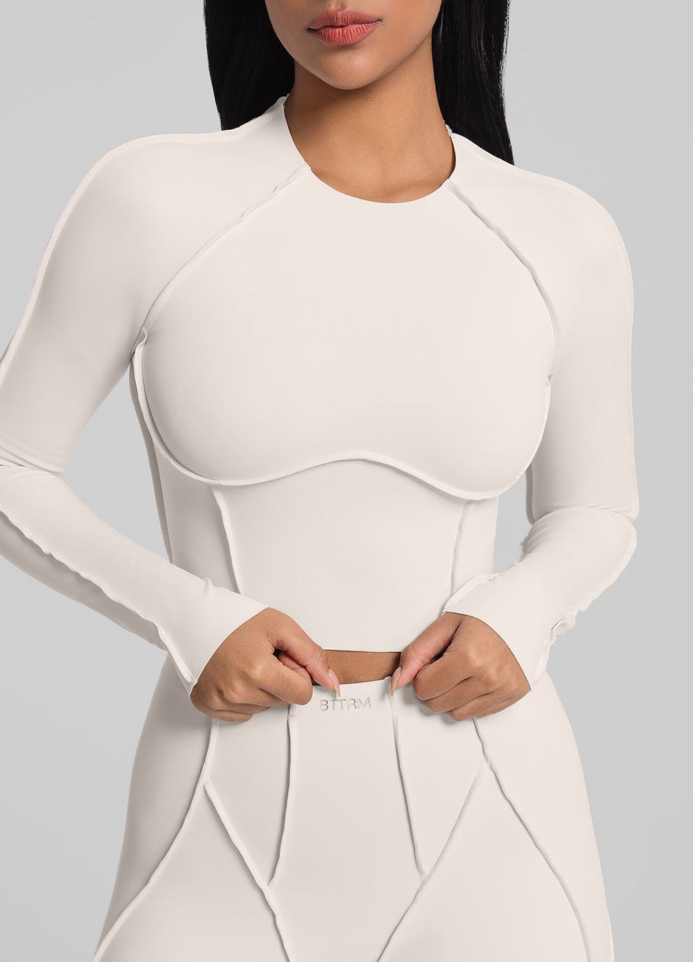 Contour Stitch Long Sleeve Crop in Ivory, front view