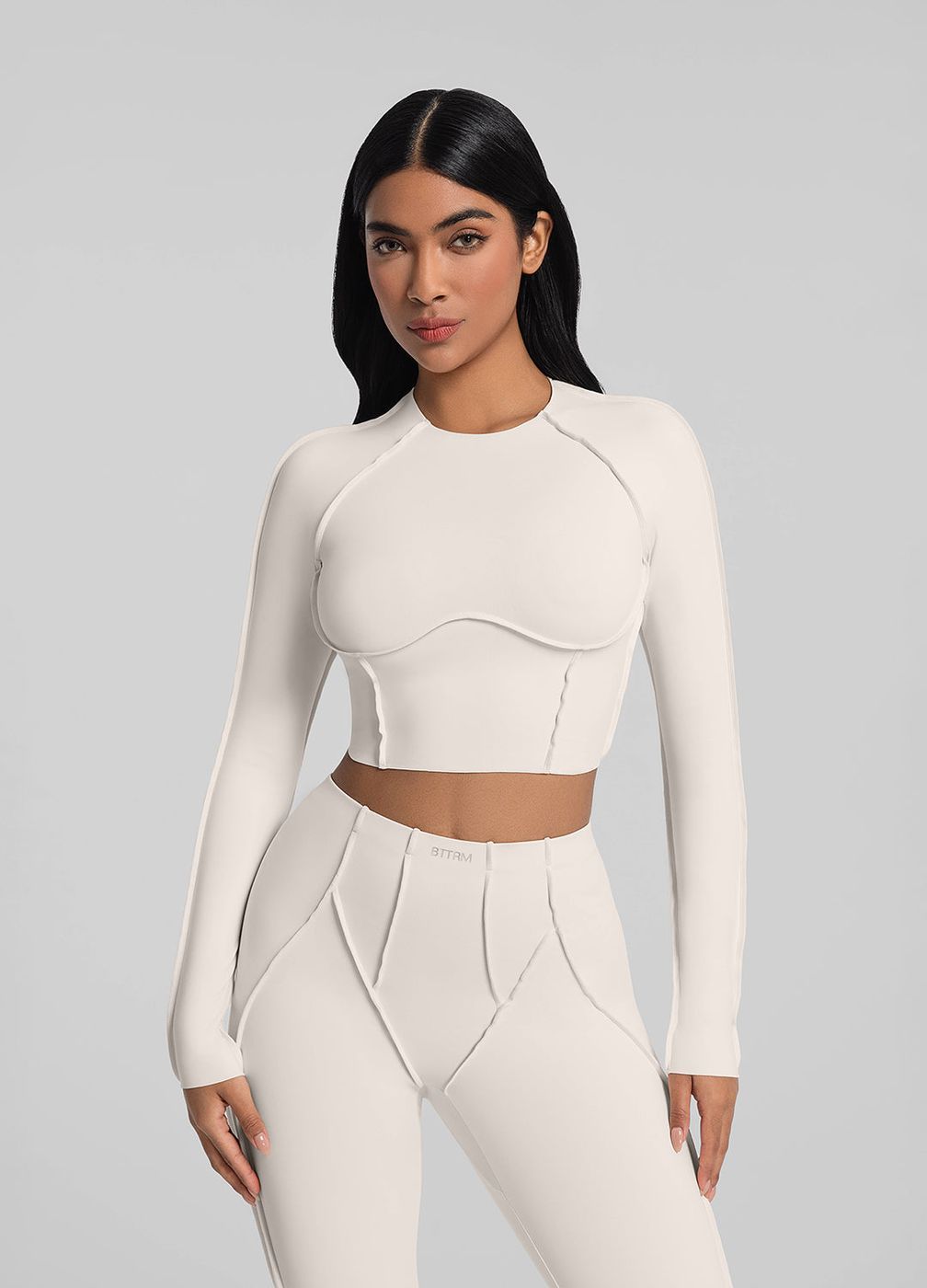 Contour Stitch Long Sleeve Crop in Ivory, second view
