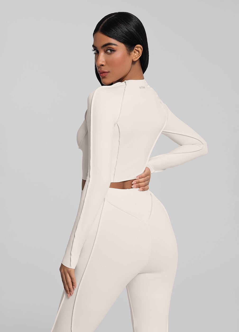 Contour Stitch Long Sleeve Crop in Ivory, detail