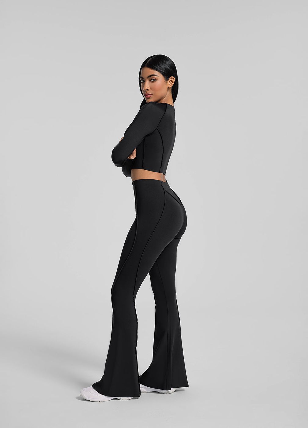 Contour Stitch Long Sleeve Crop in Black, second view