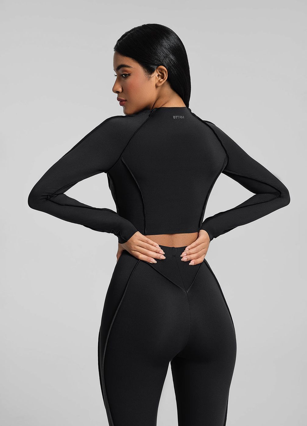 Contour Stitch Long Sleeve Crop in Black, detail