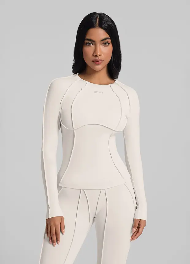 Contour Stitch Long Sleeve Top in Ivory, front view