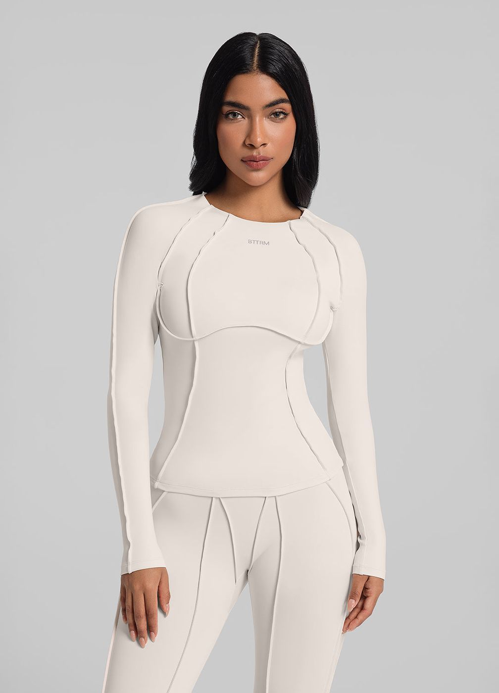 Contour Stitch Long Sleeve Top in Ivory, front view