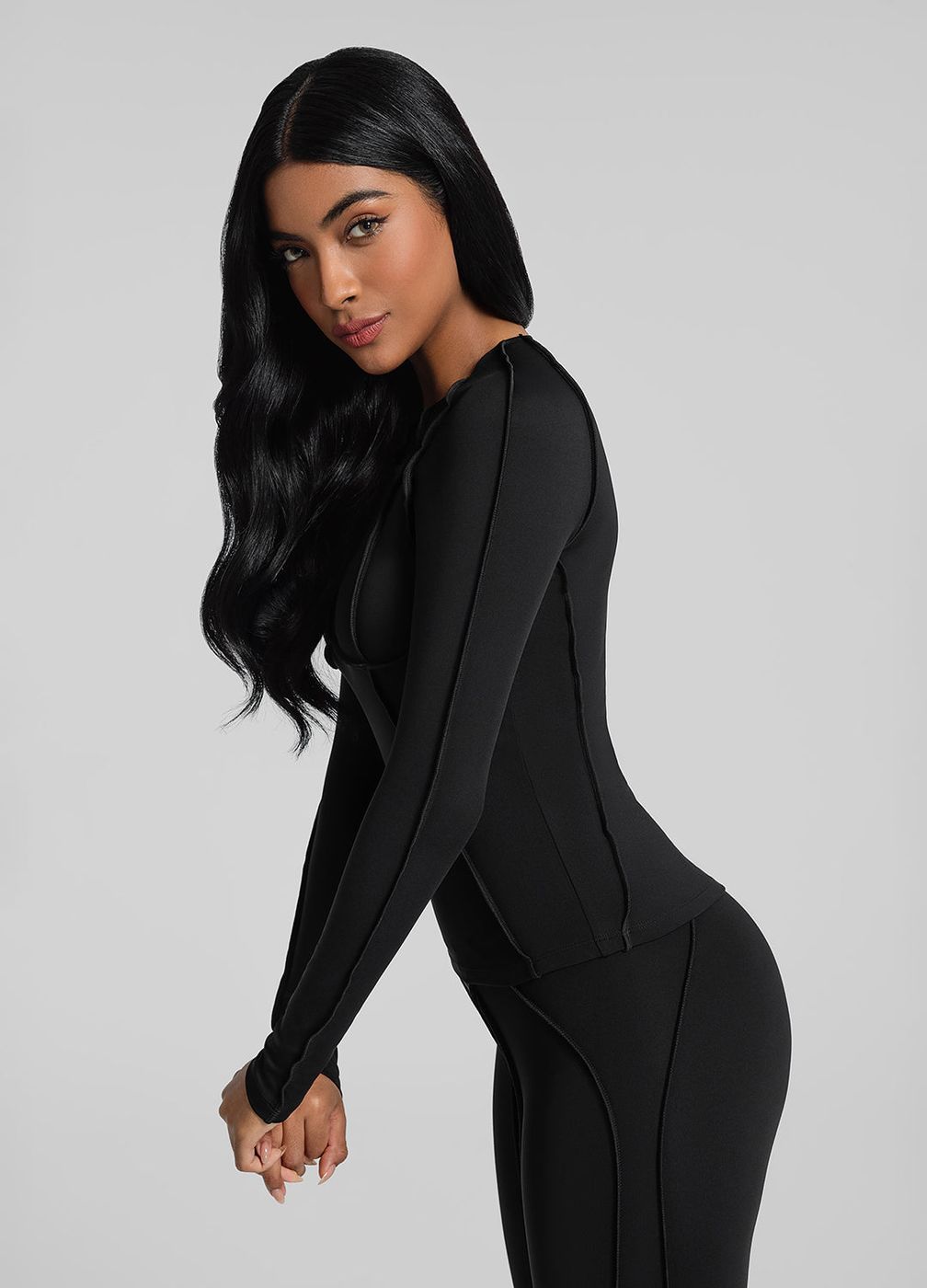 Contour Stitch Long Sleeve Top in Black, second view